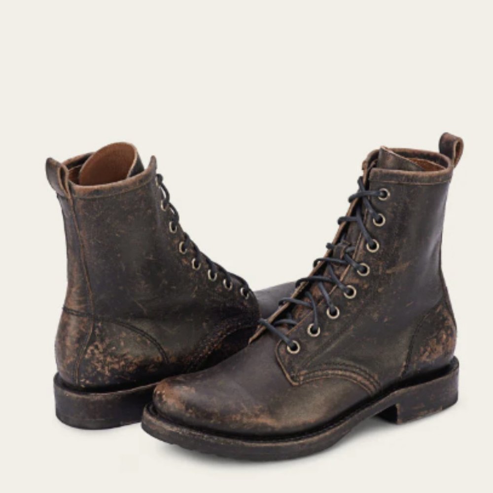 Frye Veronica Combat Distress Black Brown Tumbled Leather Laced Combat AnkleBoot - Picture 5 of 14
